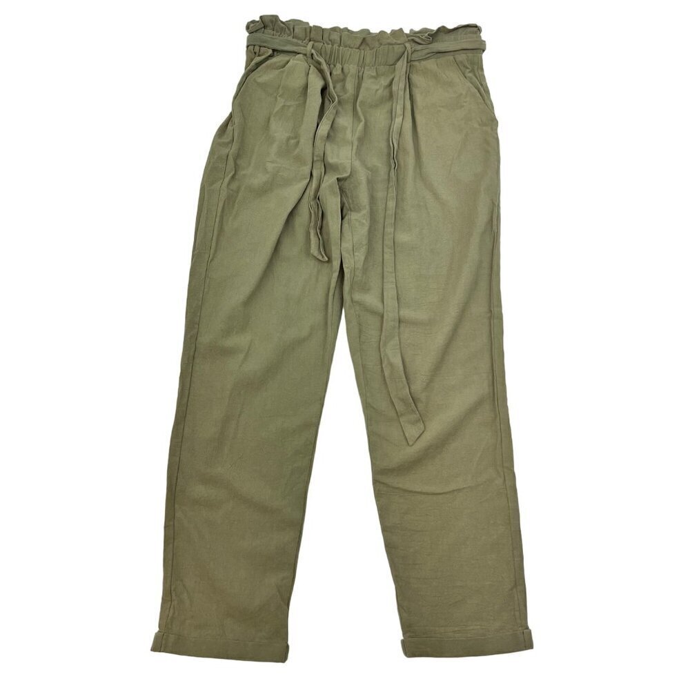 Favlux Fashion Women’s High Rise Cuffed Paper Bag Pants Green M Pockets Belted